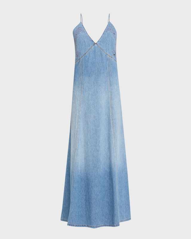 Denim Maxi Dress with Eyelet Embroidery